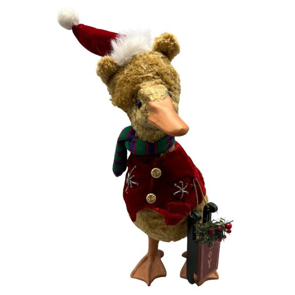 Vtg Duck Christmas Figurine Santa Hat Scarf Red Velvet Jacket Joy Sled 12" READ - Picture 1 of 10